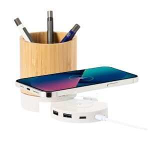 10W Bamboo Pen Holder with Wireless Charger & Phone Stand